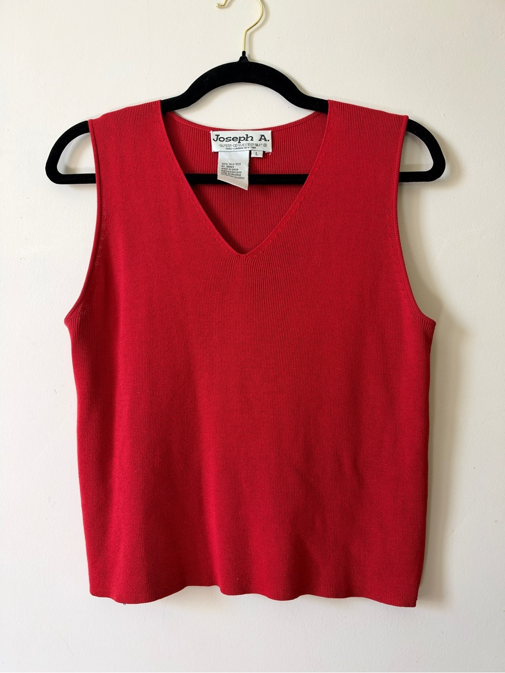 Vintage 90s Joseph A. 100% Silk Knit Shell Tank Rust Red V-Neck Minimalist L